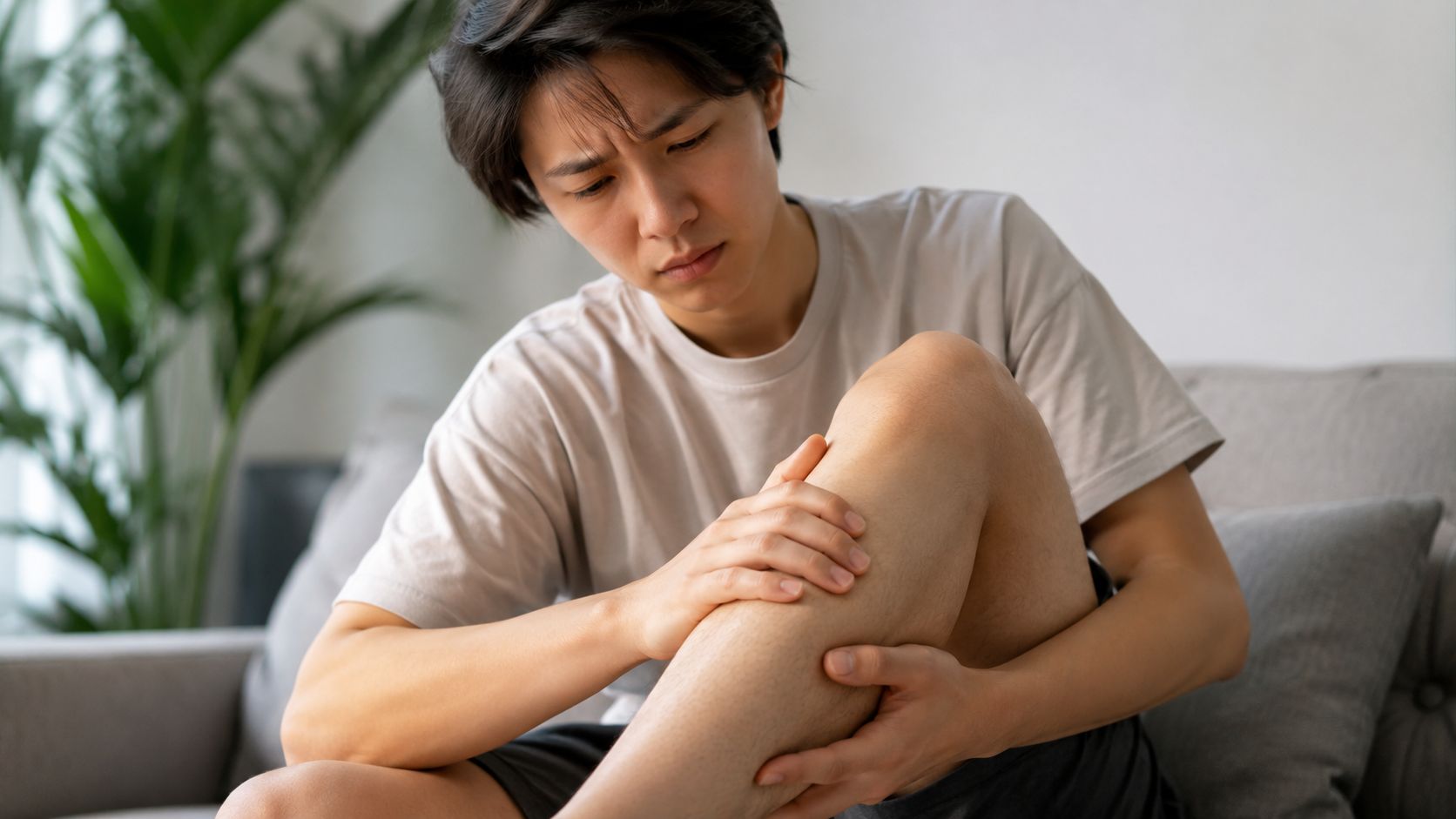 A young man sitting on a couch expressing pain while holding his lower leg.