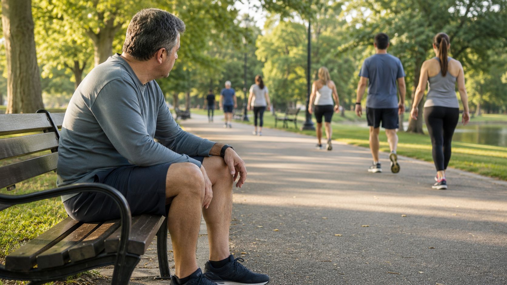 A middle-aged man sitting on a park bench looking at people exercising on a sunny path.