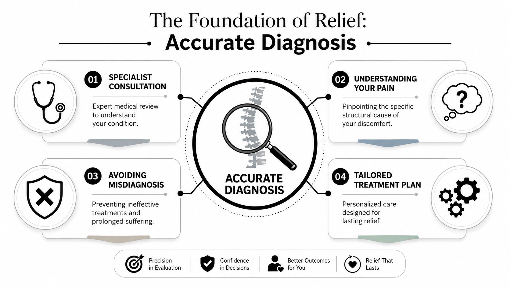 A diagram illustrating the four steps of accurate diagnosis for effective lumbar pain management and treatment planning.