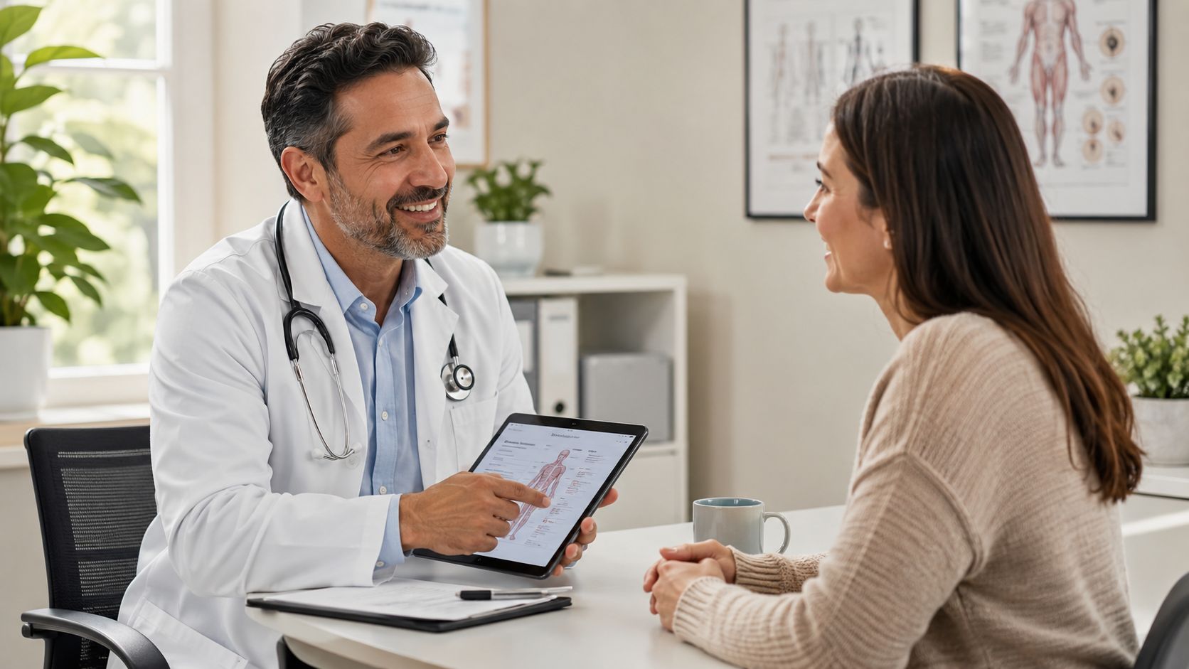 A smiling male doctor pointing at a tablet screen while explaining a medical chart to a patient.