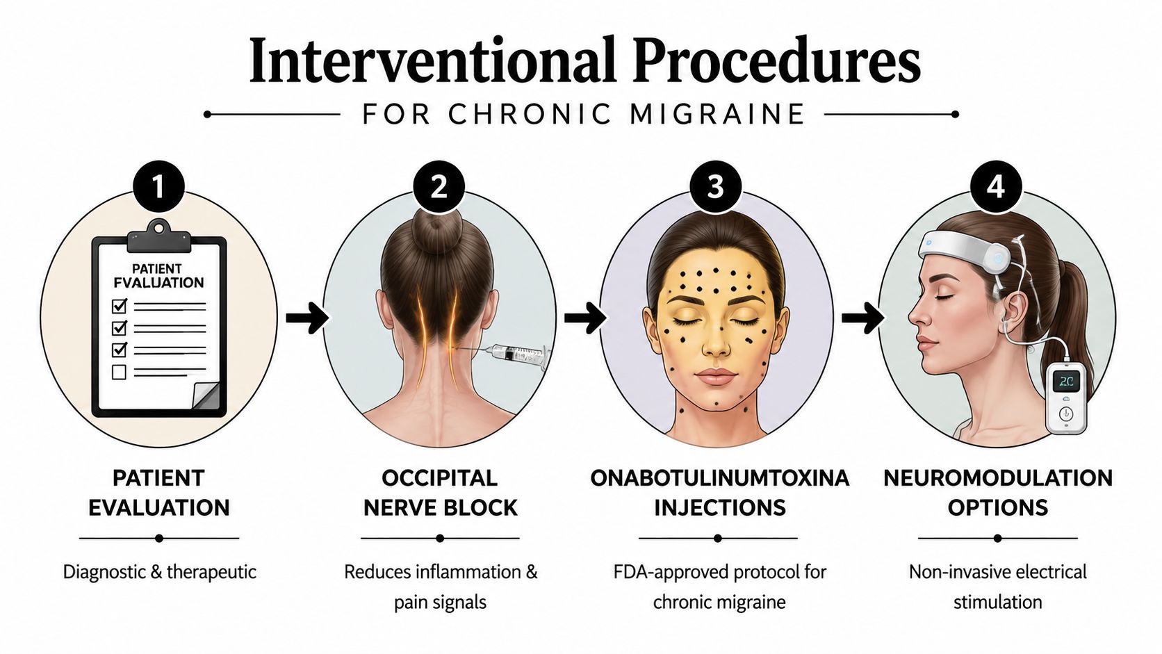 migraine treatment options interventional procedures Migraine care works best when you separate what stops an attack from what prevents the next one. Acute treatment is for the headache that's already happening, preventive treatment is for reducing how often attacks show up and how hard they hit. Once that distinction clicks, the rest of the migraine treatment options become much easier to sort through. Migraine Treatment Options That Actually Work An infographic showing four interventional steps for treating chronic migraines, including patient evaluation and medical procedures.