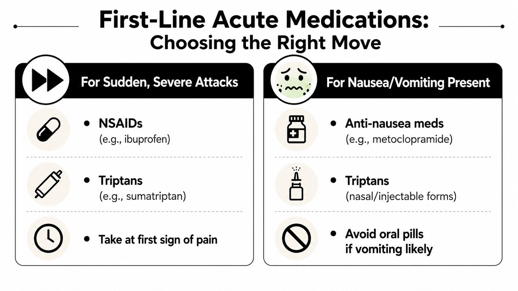 migraine treatment options medication guide Migraine care works best when you separate what stops an attack from what prevents the next one. Acute treatment is for the headache that's already happening, preventive treatment is for reducing how often attacks show up and how hard they hit. Once that distinction clicks, the rest of the migraine treatment options become much easier to sort through. Migraine Treatment Options That Actually Work A medical infographic outlining first-line acute medication choices for migraine attacks with and without nausea symptoms.