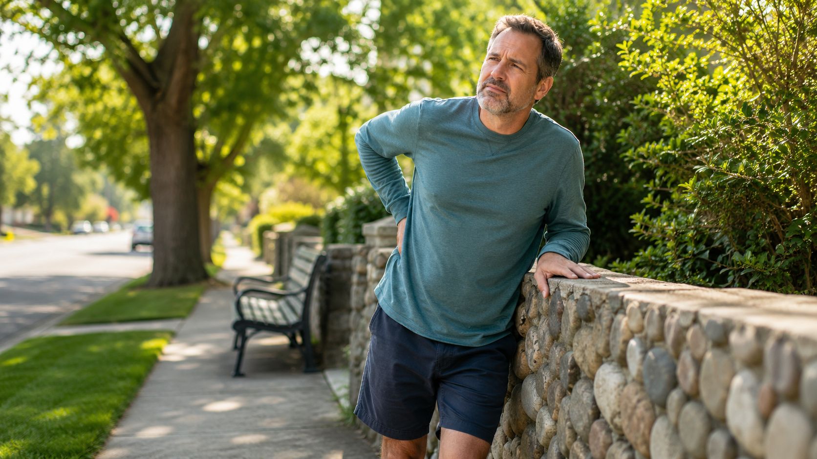 A middle-aged man standing outdoors and holding his back while experiencing discomfort or pain.