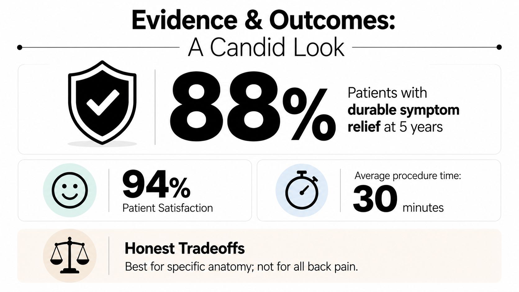 An infographic showing clinical outcomes for a minimally invasive lumbar decompression procedure with statistics.