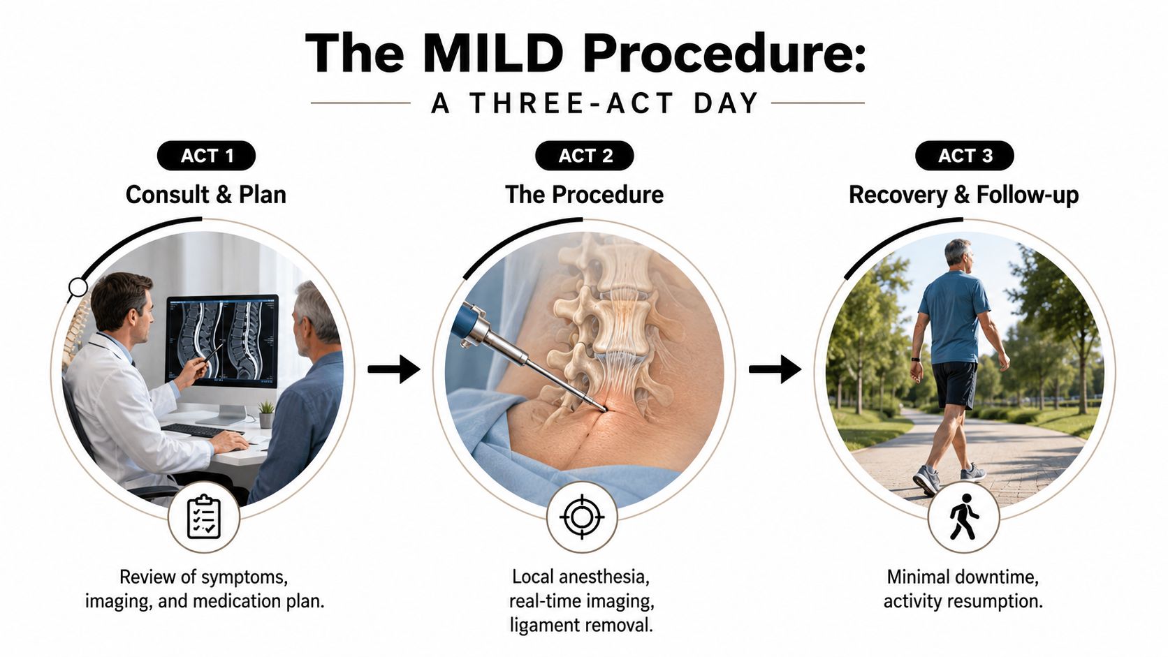 A three-step infographic describing the MILD procedure involving medical consultation, spinal surgery, and recovery stages.
