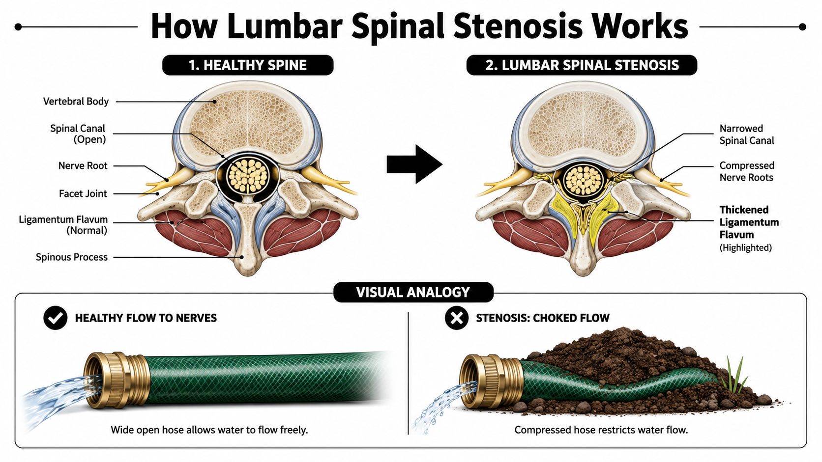 A medical diagram comparing a healthy lumbar spinal canal to one affected by spinal stenosis with compressed nerves.