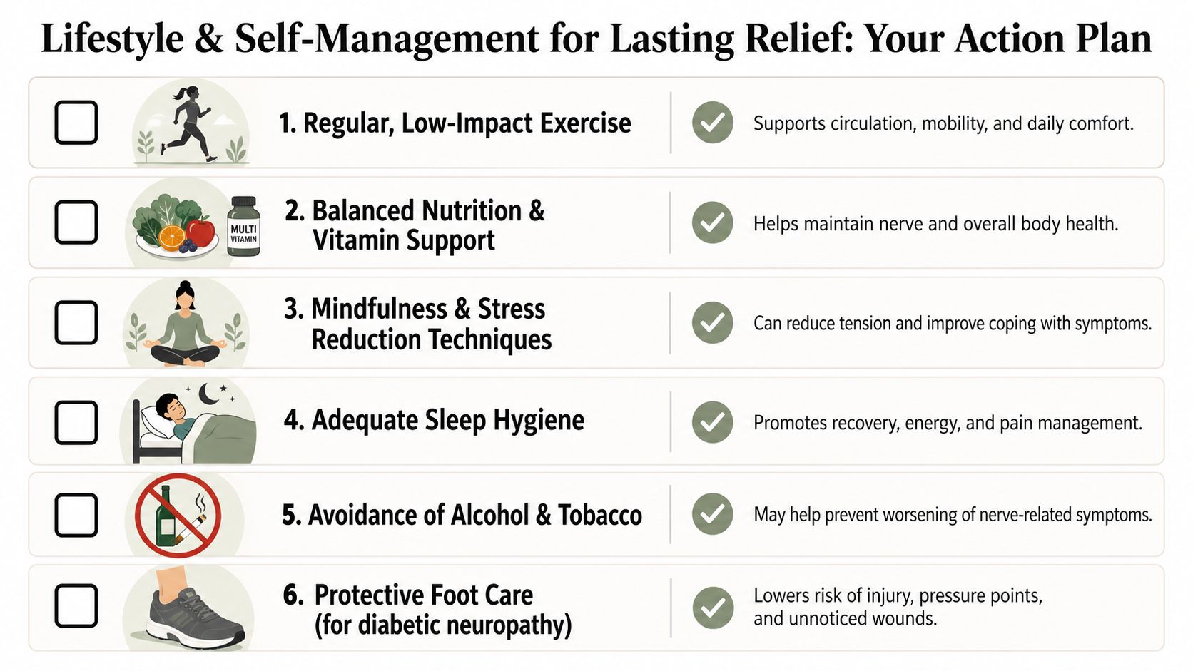 peripheral neuropathy pain treatment action plan Peripheral neuropathy pain treatment should be practical, stepwise, and focused on function. That means identifying the cause, protecting the nerves that are still healthy, reducing pain with non-opioid strategies, and using advanced procedures when simpler measures aren't enough. For many patients, there is a real path forward. Peripheral Neuropathy Pain Treatment in Greater Chicago An infographic checklist for lifestyle and self-management actions to help provide lasting relief for peripheral neuropathy.