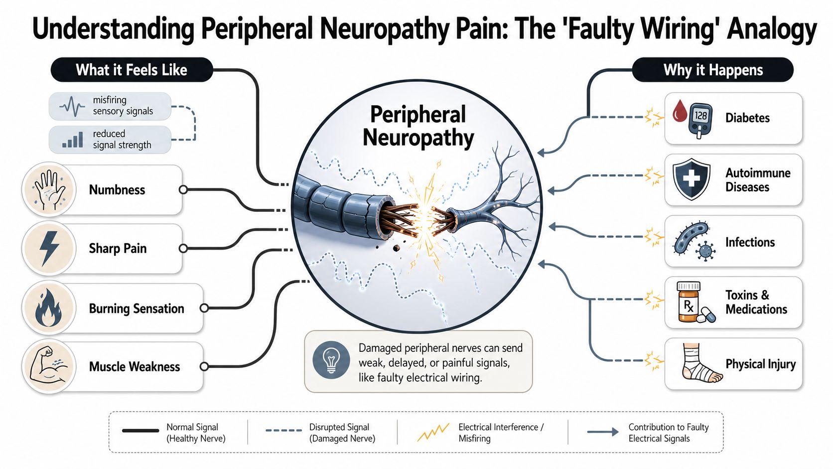 peripheral neuropathy pain treatment nerve damage Peripheral neuropathy pain treatment should be practical, stepwise, and focused on function. That means identifying the cause, protecting the nerves that are still healthy, reducing pain with non-opioid strategies, and using advanced procedures when simpler measures aren't enough. For many patients, there is a real path forward. Peripheral Neuropathy Pain Treatment in Greater Chicago An educational diagram explaining peripheral neuropathy as faulty electrical wiring, listing symptoms and common underlying causes.