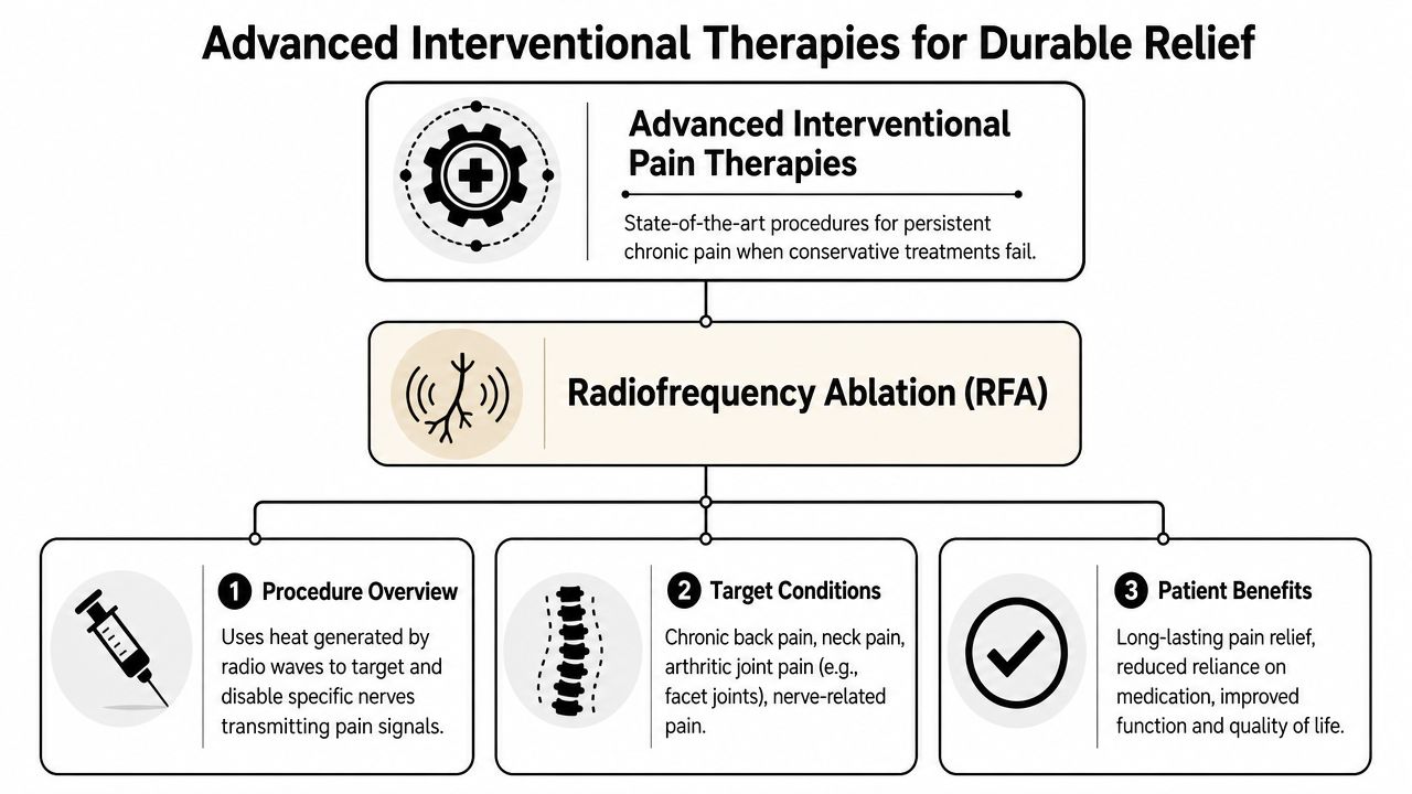 post laminectomy syndrome treatment radiofrequency ablation Post laminectomy syndrome treatment works best when it follows a sequence. First, identify the current pain generator. Second, match the treatment to that generator. Third, escalate only when simpler measures haven't done enough. Post Laminectomy Syndrome Treatment: A Guide to Relief A flowchart explaining radiofrequency ablation as an advanced interventional therapy for managing persistent chronic pain conditions.