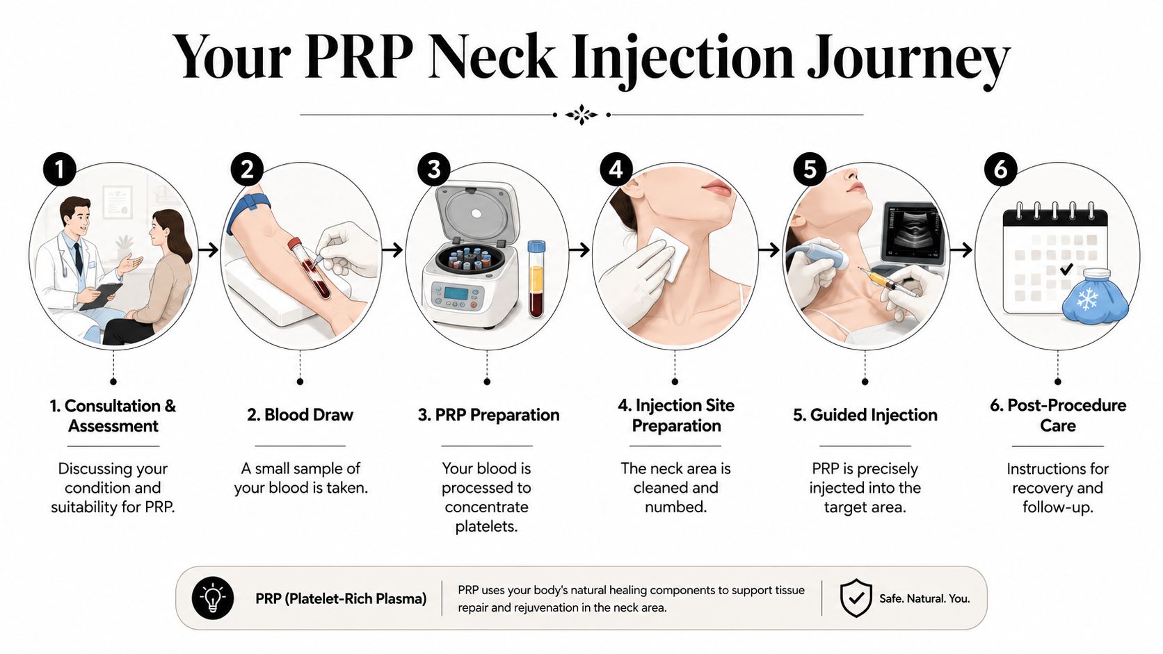 A six-step infographic illustrating the medical process of a PRP neck injection procedure from consultation to recovery.