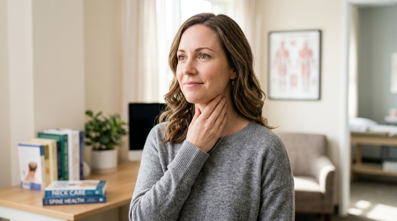 A woman with her hand on her neck, suggesting throat discomfort in a clinical office setting.