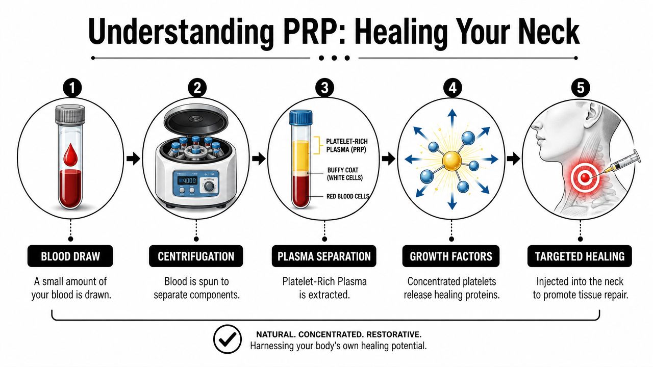 A diagram illustrating the five-step process of PRP injection therapy for neck pain relief and healing.