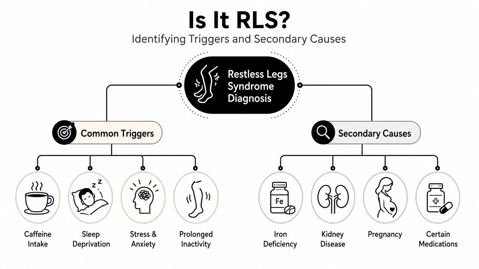An infographic showing common triggers and secondary causes for Restless Legs Syndrome, including lifestyle and medical factors.