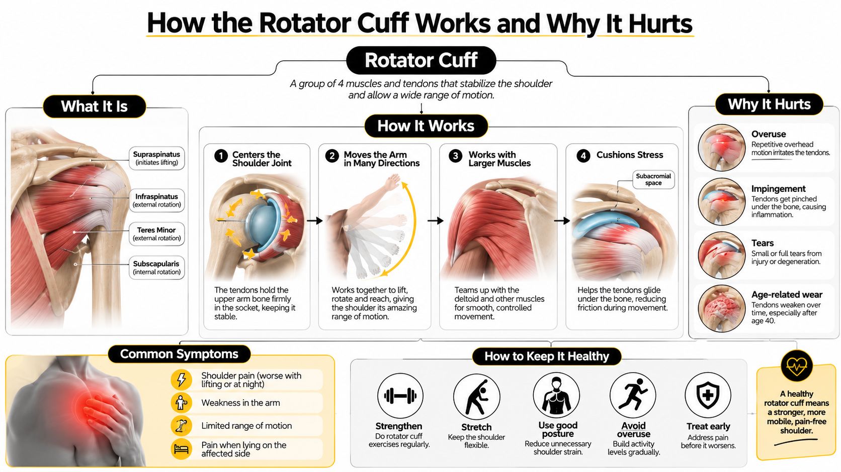 An infographic explaining the anatomy of the rotator cuff, its function, causes of pain, and prevention tips.
