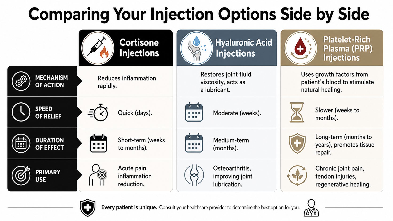 shots for joint pain injection comparison That's often when people start asking about shots for joint pain. They want relief, but they also want to know what they're getting. That's the right question. Not every injection works the same way, and not every painful joint should be treated with the same plan. Shots for Joint Pain: A Guide to Relief in Chicago Ridge A comparison chart showing benefits, speed, duration, and uses for cortisone, hyaluronic acid, and PRP joint injections.