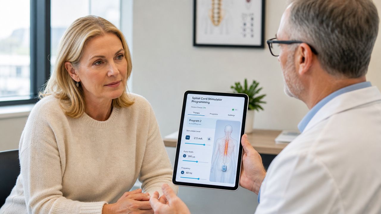 spinal cord stimulator recovery doctor consultation Spinal cord stimulator recovery is usually steady rather than dramatic. Patients often achieve optimal results by treating recovery as a protected healing window, not a test of toughness. If you live around Chicago Ridge, including Oak Lawn, Palos Hills, Palos Heights, Worth, Bridgeview, Hickory Hills, Alsip, Burbank, Evergreen Park, or Orland Park, the same practical rules apply. Protect the leads early, keep the incision clean, move in a controlled way, and let programming do its job once healing is far enough along. Spinal Cord Stimulator Recovery: Your 2026 Guide A doctor explaining spinal cord stimulator settings on a tablet to a female patient in his office.