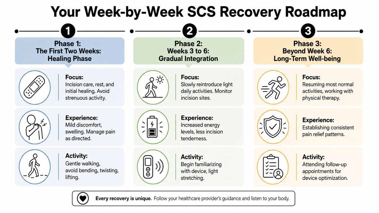 spinal cord stimulator recovery roadmap Spinal cord stimulator recovery is usually steady rather than dramatic. Patients often achieve optimal results by treating recovery as a protected healing window, not a test of toughness. If you live around Chicago Ridge, including Oak Lawn, Palos Hills, Palos Heights, Worth, Bridgeview, Hickory Hills, Alsip, Burbank, Evergreen Park, or Orland Park, the same practical rules apply. Protect the leads early, keep the incision clean, move in a controlled way, and let programming do its job once healing is far enough along. Spinal Cord Stimulator Recovery: Your 2026 Guide A three-phase roadmap chart detailing the week-by-week recovery process following spinal cord stimulator implant surgery.