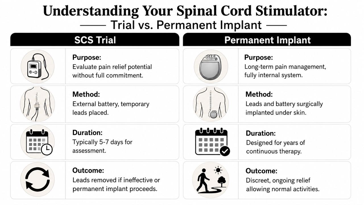 spinal cord stimulator recovery spinal cord stimulator Spinal cord stimulator recovery is usually steady rather than dramatic. Patients often achieve optimal results by treating recovery as a protected healing window, not a test of toughness. If you live around Chicago Ridge, including Oak Lawn, Palos Hills, Palos Heights, Worth, Bridgeview, Hickory Hills, Alsip, Burbank, Evergreen Park, or Orland Park, the same practical rules apply. Protect the leads early, keep the incision clean, move in a controlled way, and let programming do its job once healing is far enough along. Spinal Cord Stimulator Recovery: Your 2026 Guide A comparison chart outlining the differences between a temporary SCS trial and a permanent spinal cord stimulator implant.