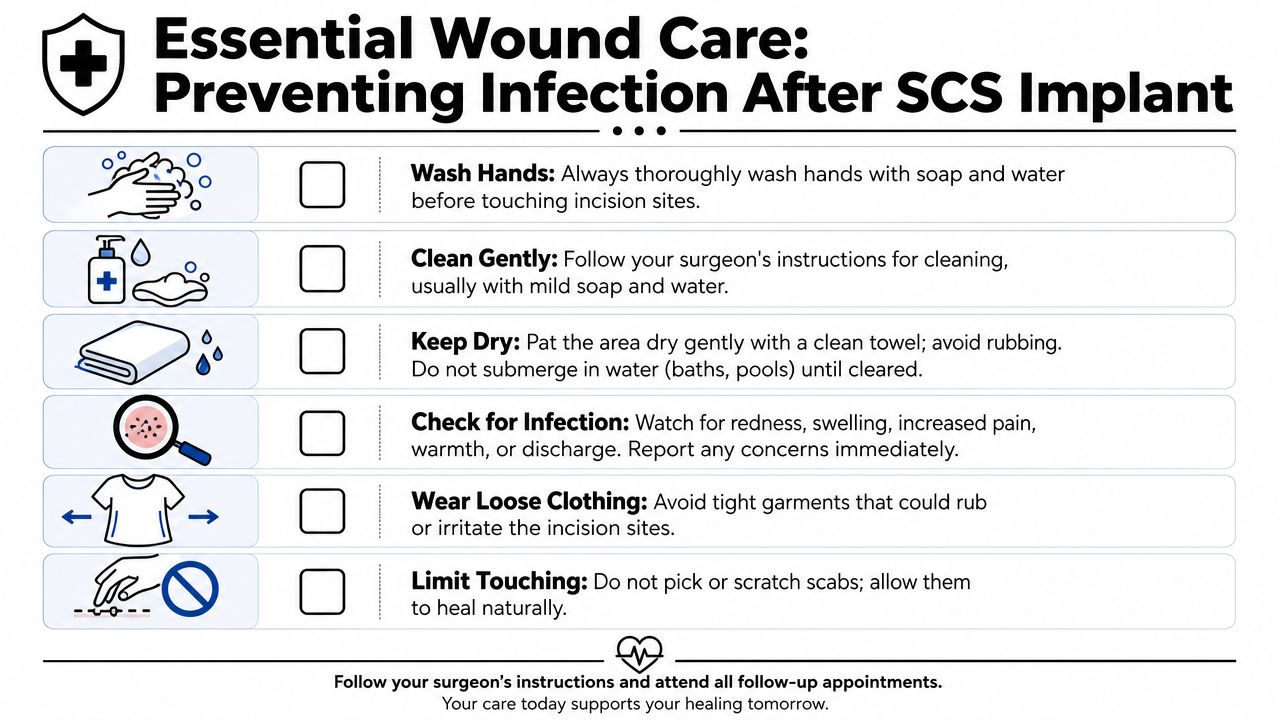 spinal cord stimulator recovery wound care Spinal cord stimulator recovery is usually steady rather than dramatic. Patients often achieve optimal results by treating recovery as a protected healing window, not a test of toughness. If you live around Chicago Ridge, including Oak Lawn, Palos Hills, Palos Heights, Worth, Bridgeview, Hickory Hills, Alsip, Burbank, Evergreen Park, or Orland Park, the same practical rules apply. Protect the leads early, keep the incision clean, move in a controlled way, and let programming do its job once healing is far enough along. Spinal Cord Stimulator Recovery: Your 2026 Guide An infographic titled Essential Wound Care for SCS implant patients showing tips for preventing surgical site infections.