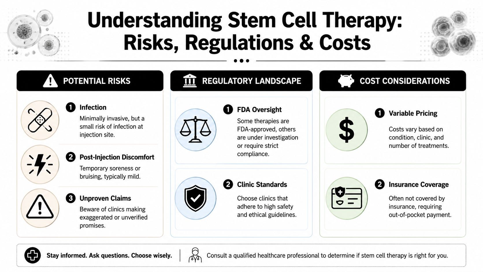 An infographic titled Understanding Stem Cell Therapy: Risks, Regulations & Costs, detailing safety, clinical standards, and financial information.