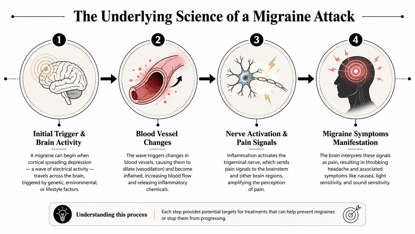 A four-step infographic explaining the biological progression of a migraine attack from initial brain activity to symptoms.