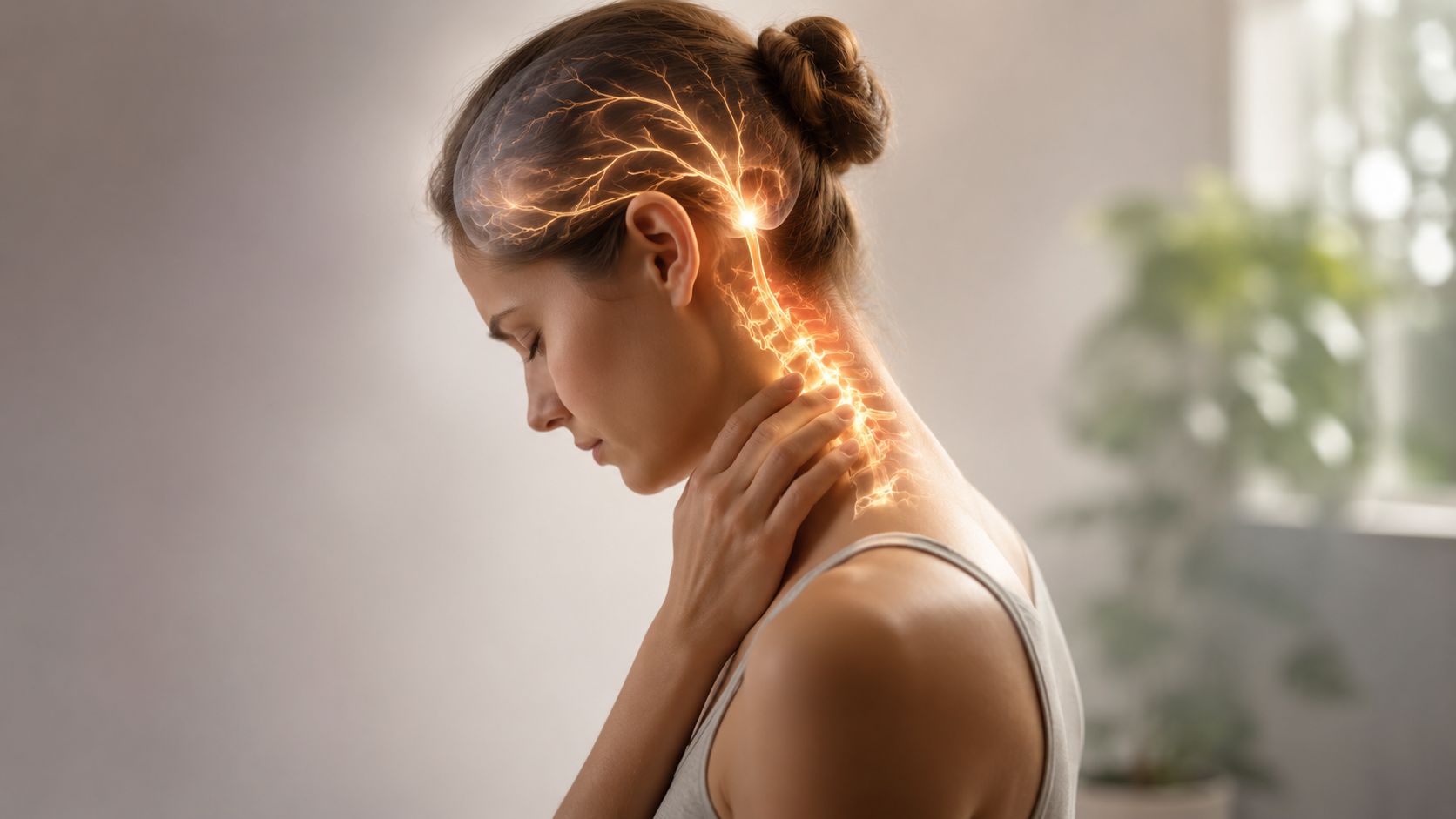A woman with her eyes closed holding her neck, visualizing glowing nerves in the brain and spine.