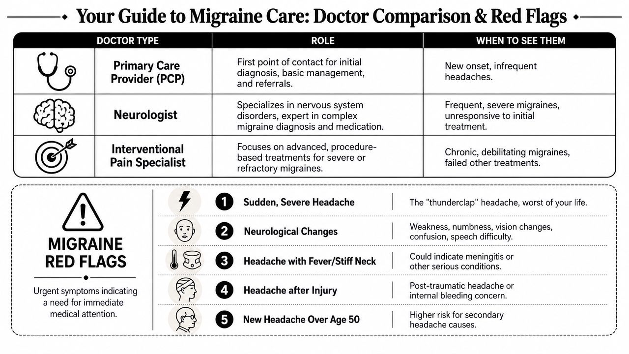 what doctor treats migraine headaches migraine guide A migraine rarely starts at a convenient time. It hits during a commute through Oak Lawn, in the middle of a workday in Orland Park, or right before you need to pick up your kids in Evergreen Park. The pain builds, light feels hostile, noise becomes unbearable, and the next question is usually the same: what doctor treats migraine headaches, and where do you even start? What Doctor Treats Migraine Headaches? a Chicago Guide A chart detailing different types of doctors for migraine care and five red flag symptoms requiring urgent attention.