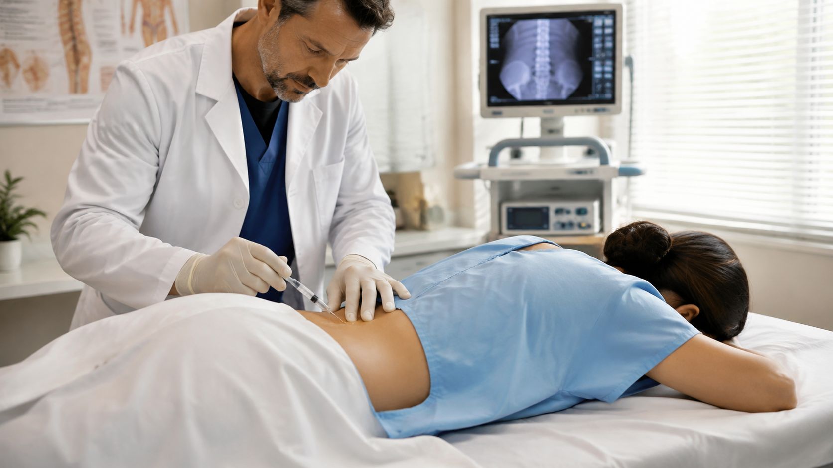 A doctor administering a spinal injection to a patient lying face down on a medical examination table.