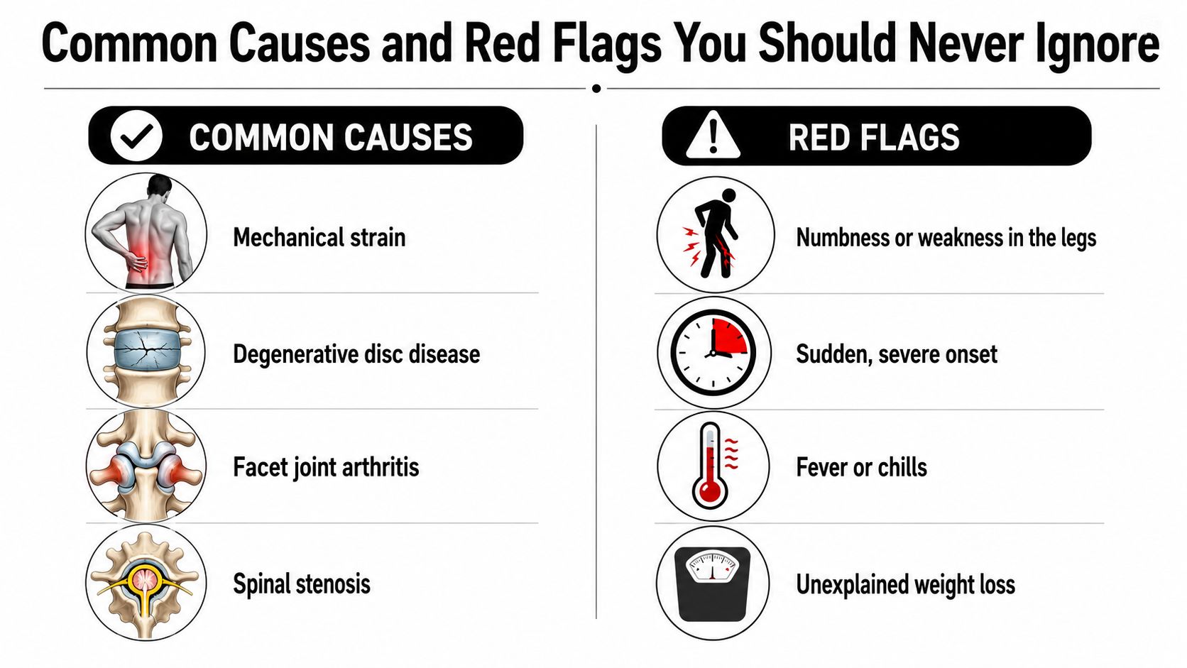 An infographic showing common causes of back pain and warning red flags that require medical attention.