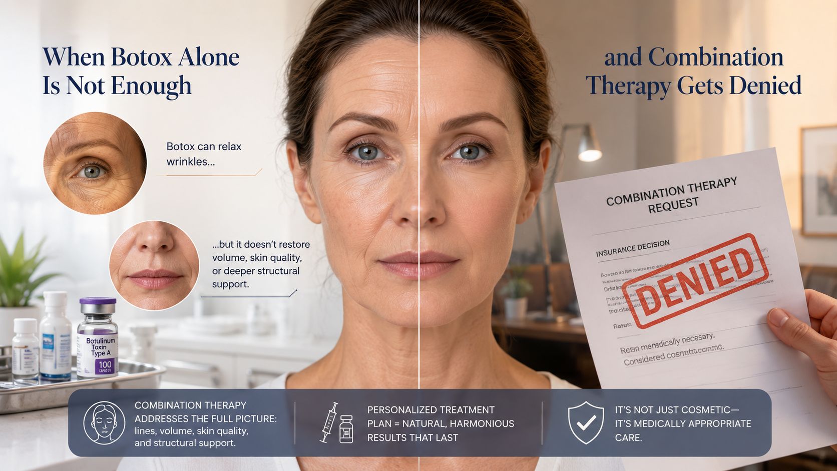 botox for migraine covered by insurance aesthetic treatment denial Yes, Botox for chronic migraine is covered by most major insurance plans, including Medicare and commercial insurers, but approval depends on meeting specific clinical thresholds and completing prior authorization. If you're waking up to another migraine and staring at a stack of insurance forms, the answer is usually not “no,” it's “prove medical necessity with the right documentation.” Botox for Migraine Covered by Insurance: Key Facts An educational infographic illustrating that Botox alone may be insufficient, highlighting insurance denials for aesthetic combination therapies.