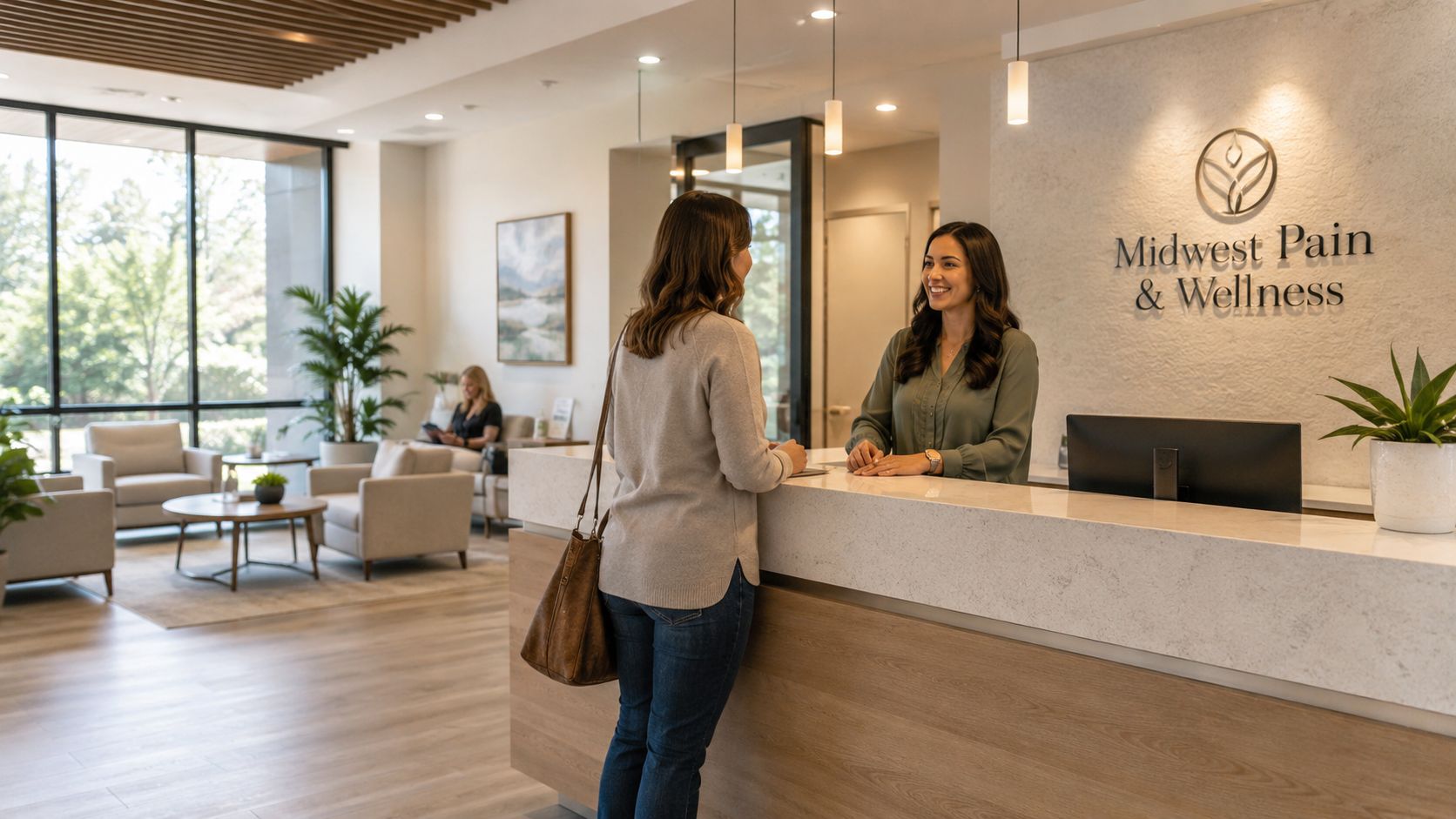 A smiling receptionist greets a patient at the front desk of a modern medical office lobby.