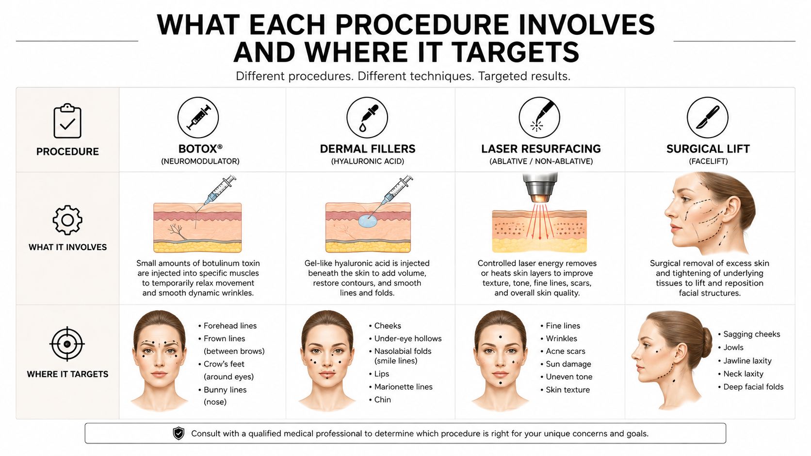A chart comparing Botox, dermal fillers, laser resurfacing, and surgical lifts, showing procedures and targeted facial areas.