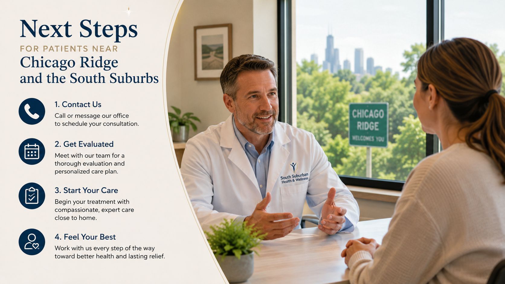 A doctor in a white coat consulting with a patient in an office with Chicago skyline views.