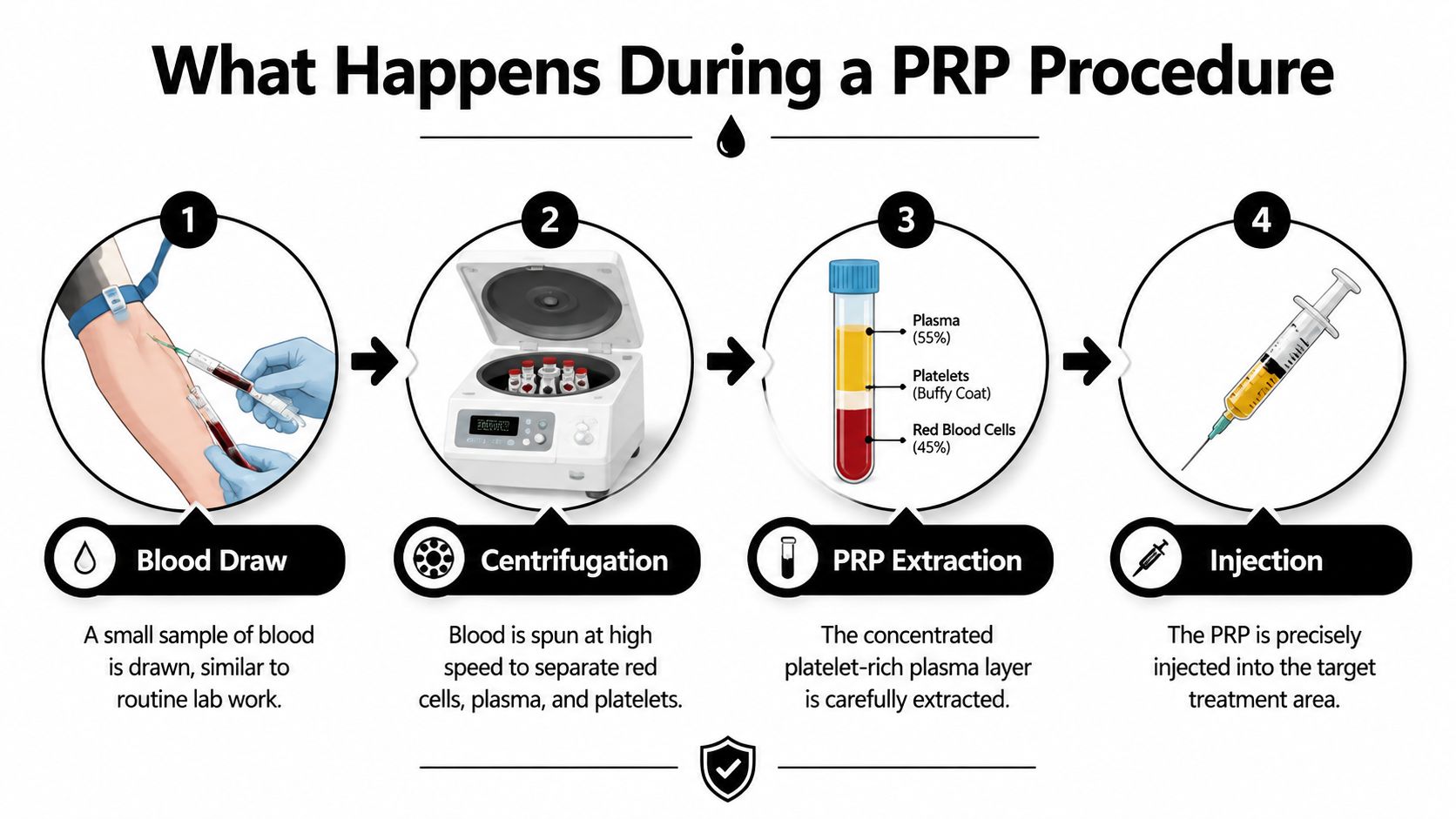 A four-step medical infographic showing the process of Platelet-Rich Plasma (PRP) therapy from blood draw to injection.