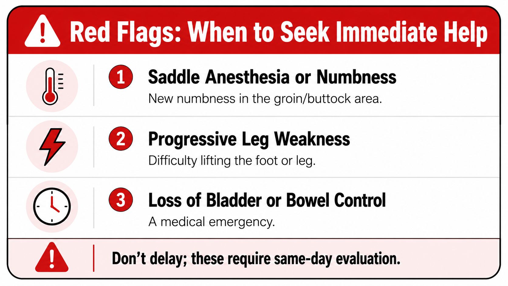 how to help sciatica medical red flags You're halfway through a grocery trip when an electric pain runs from your lower back into your buttock and down your leg. Sitting in the car makes it worse, standing feels uncertain, and you're wondering whether to stretch, lie down, take medication, or just wait. That confusion is common, but how to help sciatica becomes much clearer when you follow a decision timeline rather than chase one “magic” exercise. How to Help Sciatica: A Practical, Evidence-Based Guide A red and white infographic listing three medical red flags for sciatica that require immediate emergency evaluation.