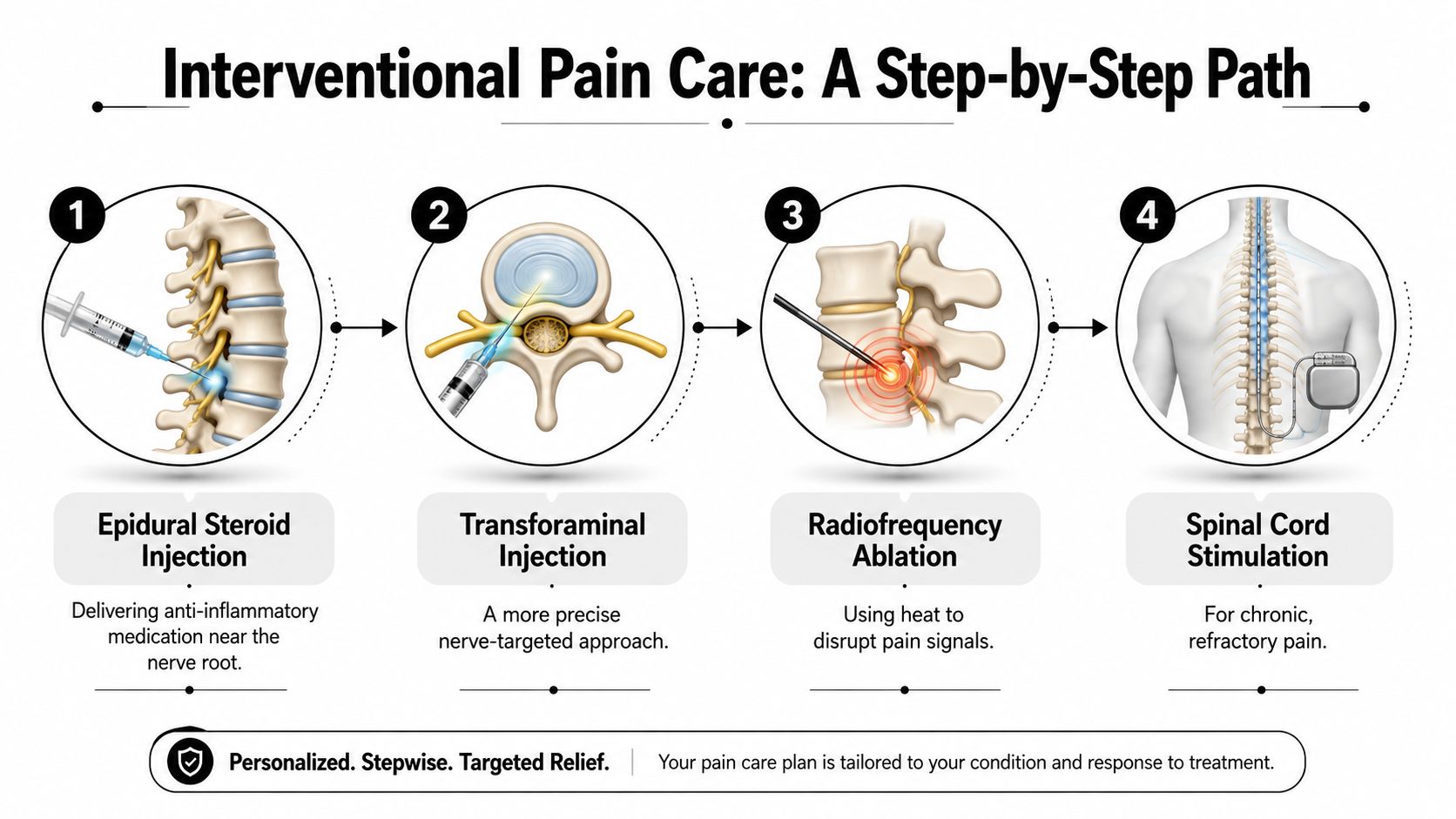 how to help sciatica pain management You're halfway through a grocery trip when an electric pain runs from your lower back into your buttock and down your leg. Sitting in the car makes it worse, standing feels uncertain, and you're wondering whether to stretch, lie down, take medication, or just wait. That confusion is common, but how to help sciatica becomes much clearer when you follow a decision timeline rather than chase one “magic” exercise. How to Help Sciatica: A Practical, Evidence-Based Guide An infographic showing a four-step interventional pain care plan for treating chronic pain conditions like sciatica.