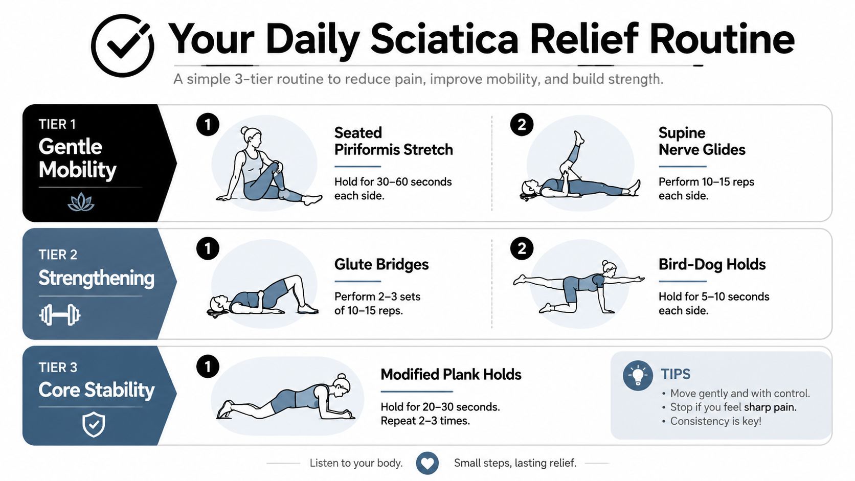 how to help sciatica relief You're halfway through a grocery trip when an electric pain runs from your lower back into your buttock and down your leg. Sitting in the car makes it worse, standing feels uncertain, and you're wondering whether to stretch, lie down, take medication, or just wait. That confusion is common, but how to help sciatica becomes much clearer when you follow a decision timeline rather than chase one “magic” exercise. How to Help Sciatica: A Practical, Evidence-Based Guide An infographic detailing a daily three-tier sciatica relief routine including gentle mobility, strengthening exercises, and core stability.