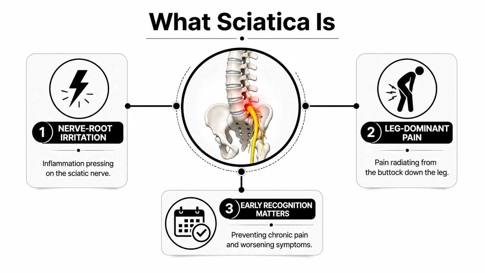 how to help sciatica sciatica anatomy You're halfway through a grocery trip when an electric pain runs from your lower back into your buttock and down your leg. Sitting in the car makes it worse, standing feels uncertain, and you're wondering whether to stretch, lie down, take medication, or just wait. That confusion is common, but how to help sciatica becomes much clearer when you follow a decision timeline rather than chase one “magic” exercise. How to Help Sciatica: A Practical, Evidence-Based Guide An infographic illustrating what sciatica is, highlighting nerve root irritation, leg pain, and the importance of early recognition.
