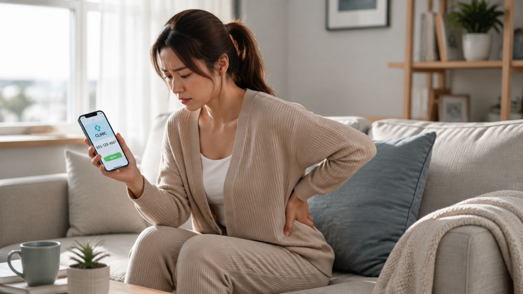 A young woman sitting on a couch, holding a phone while suffering from back pain.