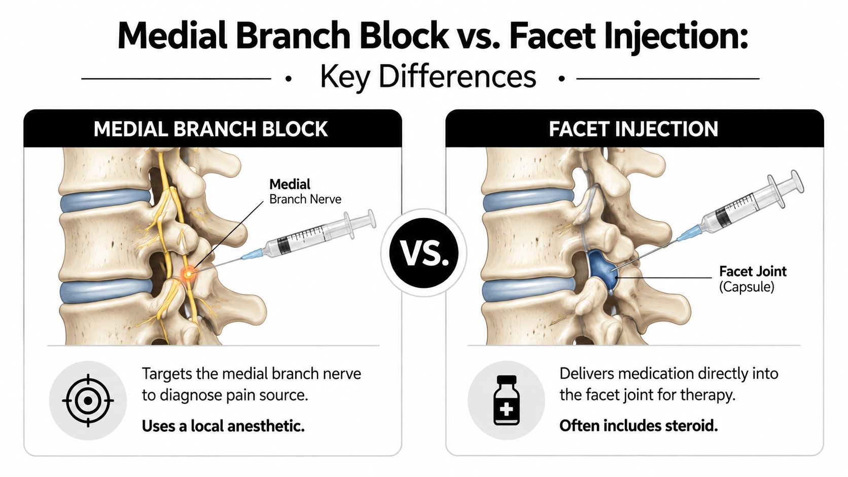 medial branch block vs facet injection medical comparison The most popular advice about medial branch block vs facet injection is that they're basically the same procedure with a different needle position. That shortcut can send your treatment plan in the wrong direction. One procedure primarily tests whether the facet joint is generating pain, while the other places medication into the joint itself, often with the aim of calming a painful flare. Medial Branch Block vs Facet Injection: Which Is Right An educational medical infographic comparing medial branch block nerve targeting versus facet joint medication injections.