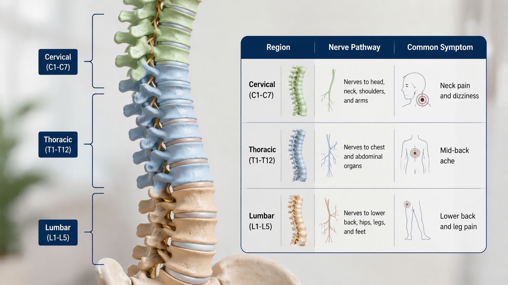 medial branch block vs facet injection spinal anatomy The most popular advice about medial branch block vs facet injection is that they're basically the same procedure with a different needle position. That shortcut can send your treatment plan in the wrong direction. One procedure primarily tests whether the facet joint is generating pain, while the other places medication into the joint itself, often with the aim of calming a painful flare. Medial Branch Block vs Facet Injection: Which Is Right An educational diagram showing the human spine's cervical, thoracic, and lumbar regions, their nerve pathways, and symptoms.
