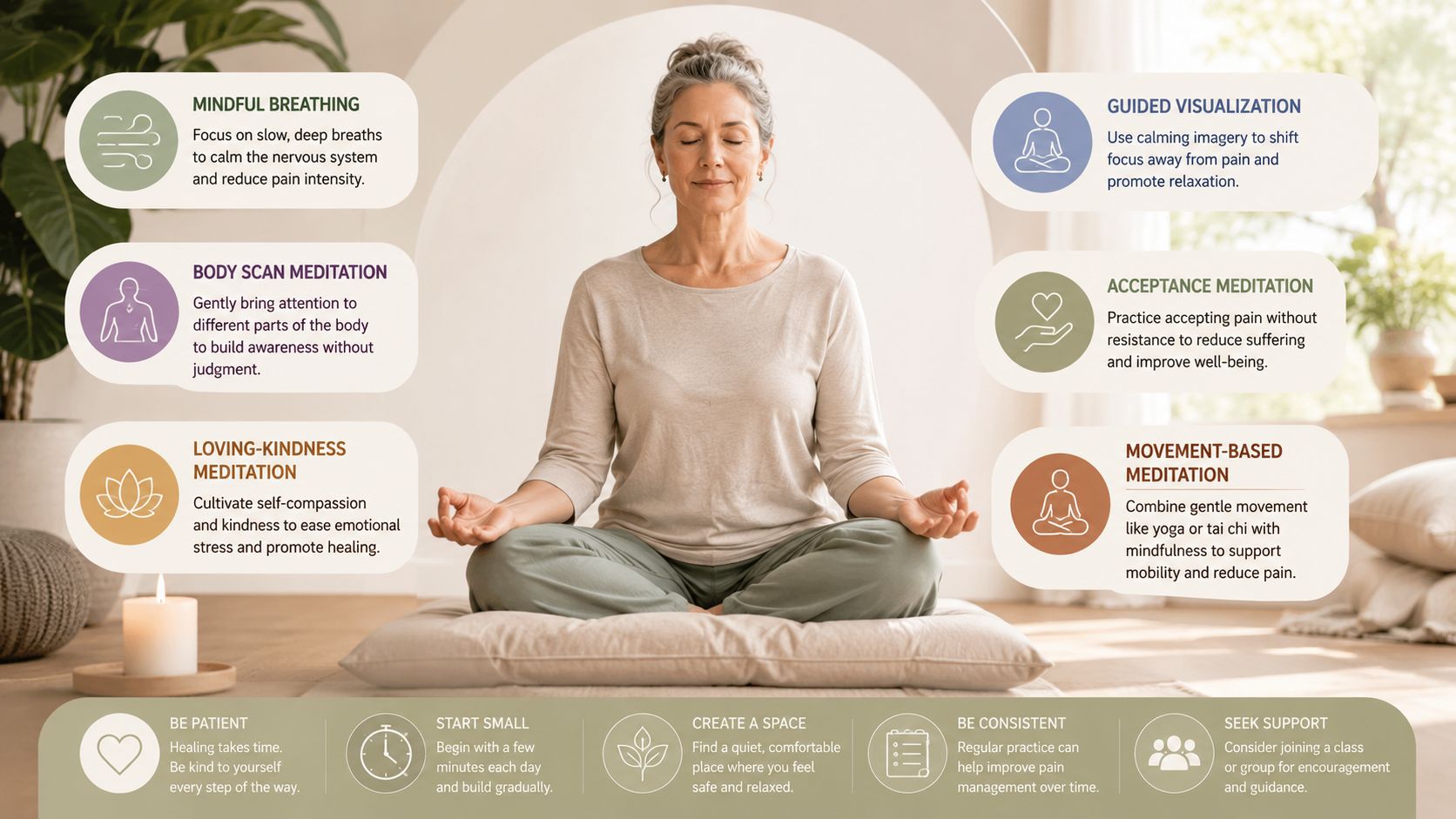 A woman meditating in a calm room with infographic tips for managing chronic pain through various practices.