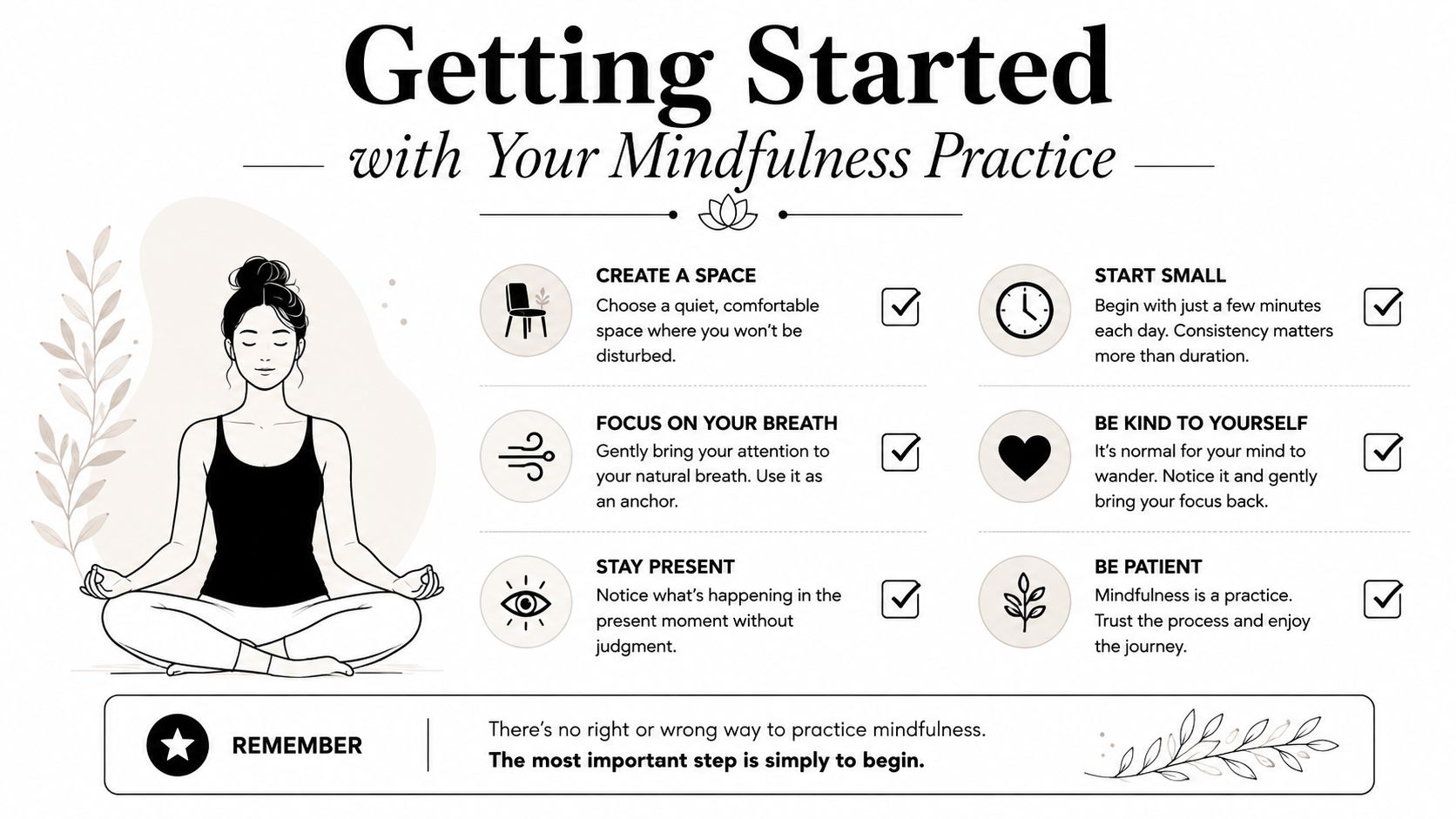 mindfulness pain management meditation guide The most popular advice about mindfulness and chronic pain is also the most misleading: sit, breathe, and the pain will disappear. That promise sets patients up for disappointment. Mindfulness pain management can change how pain is processed, anticipated, and tolerated, but it usually doesn't remove the underlying structural or nerve problem. Mindfulness Pain Management: Evidence Relief A helpful infographic illustration showing a woman meditating with six guided steps for beginning a mindfulness practice.