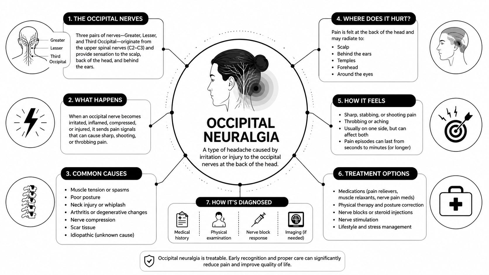 An infographic explaining causes, symptoms, diagnosis, and treatment options for occipital neuralgia nerve pain.