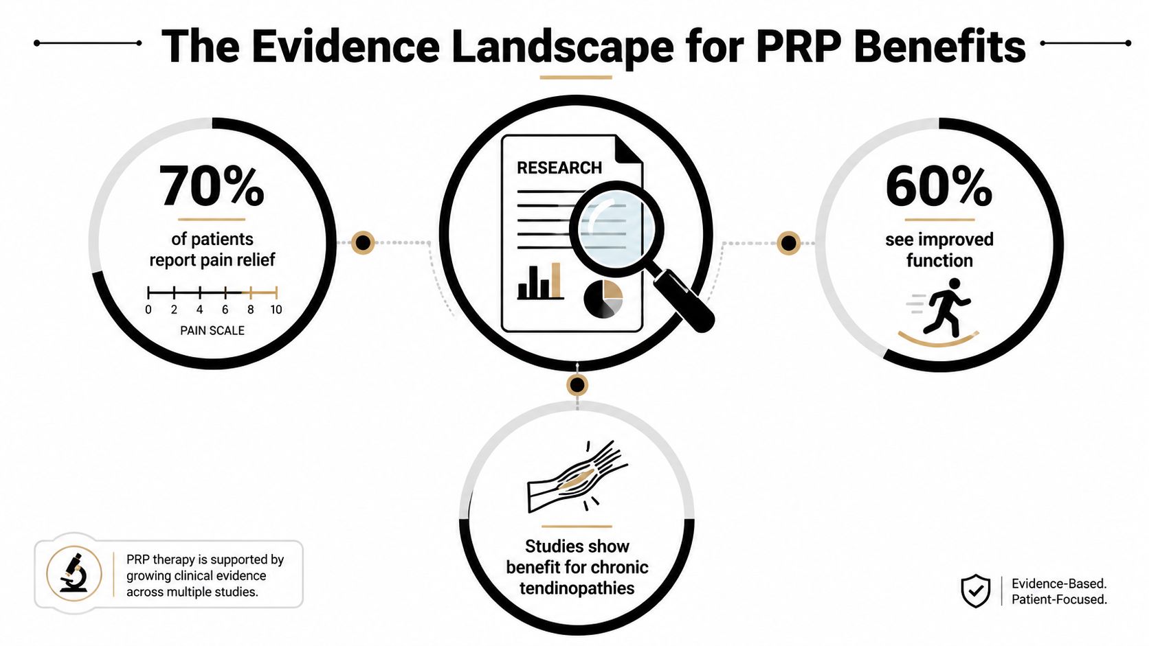 An infographic showing that 70% of patients report pain relief and 60% see improved function with PRP therapy.