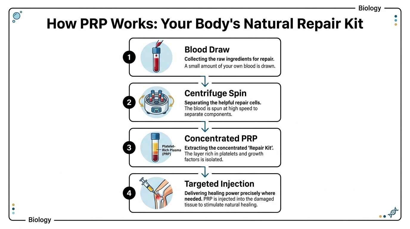 A four-step infographic showing the Platelet-Rich Plasma (PRP) therapy process from blood draw to targeted injection.