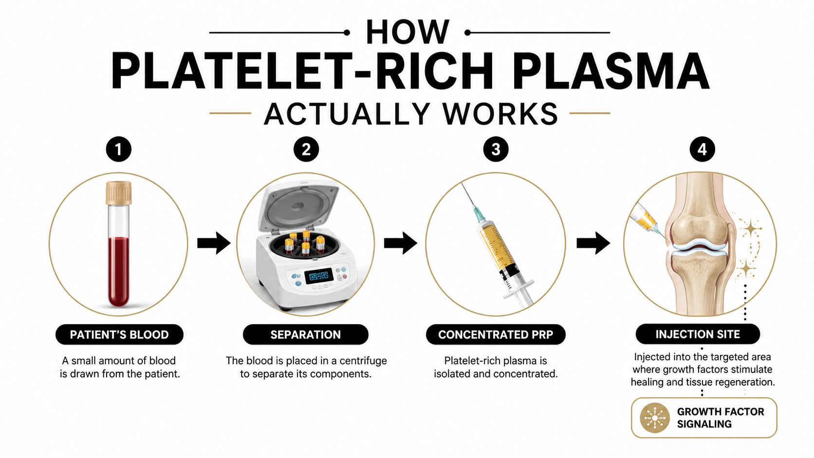 A four-step infographic showing the Platelet-Rich Plasma process from blood collection to joint injection for tissue healing.