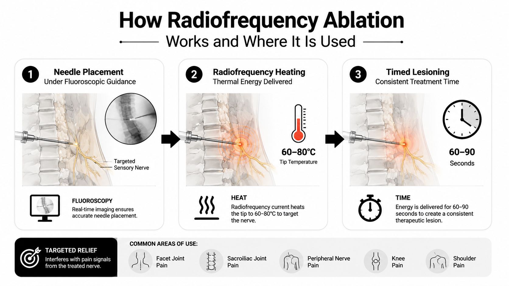 A diagram illustrating the three-step radiofrequency ablation procedure for targeted pain relief using thermal energy.