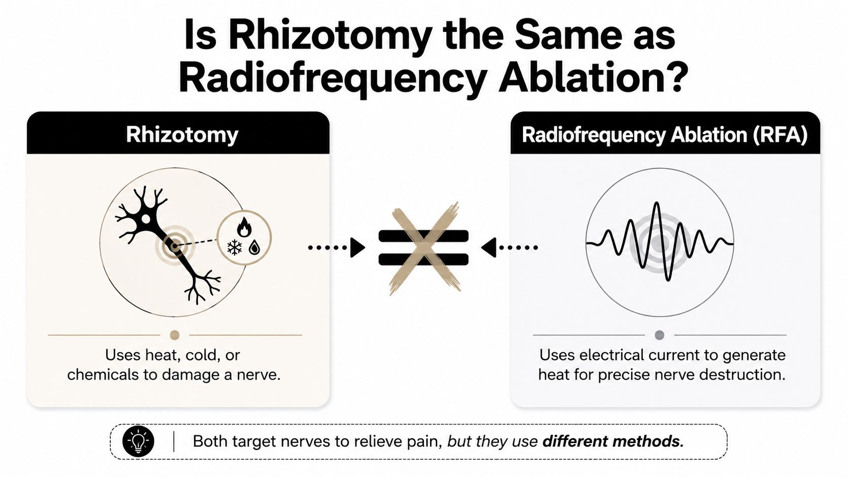 radiofrequency ablation vs rhizotomy nerve treatment Radiofrequency ablation and rhizotomy are often the same procedure, with early radiofrequency studies reporting success rates ranging from 27% to 90% depending on surgical history and patient group. The distinction is usually between standard thermal RFA and advanced approaches such as endoscopic rhizotomy. Radiofrequency Ablation vs Rhizotomy: A Clear Patient Guide An infographic showing that rhizotomy and radiofrequency ablation are different medical procedures for pain relief.