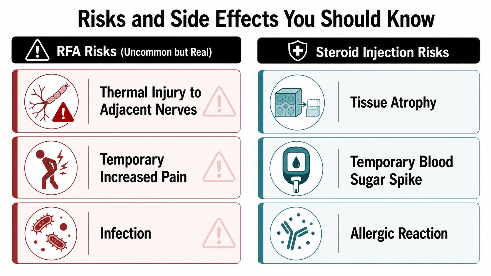 A comparison chart outlining the potential risks and side effects of radiofrequency ablation versus steroid injection treatments.